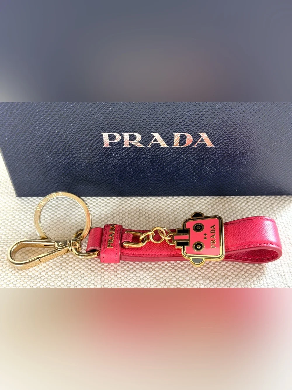 PRADA Pink Saffiano Leather Robot Trick Keychain Bag Charm + Box